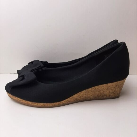 AMERICAN EAGLE AE New Peep Toe Bow Espadrille Cork Wedge Shoe Heels Black Sz 4.5 - Picture 8 of 13